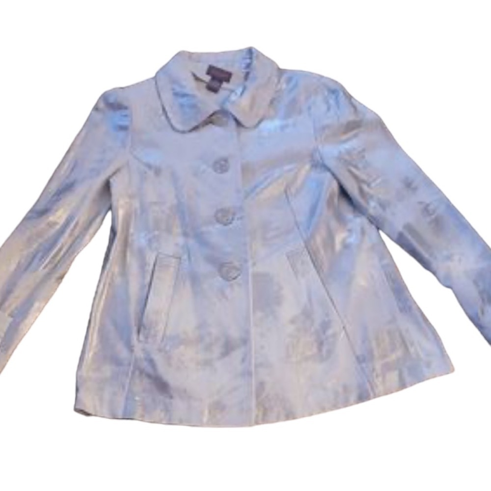 Kenar White Denim Swing Jacket with Silver Metallic Paint Brush Finish